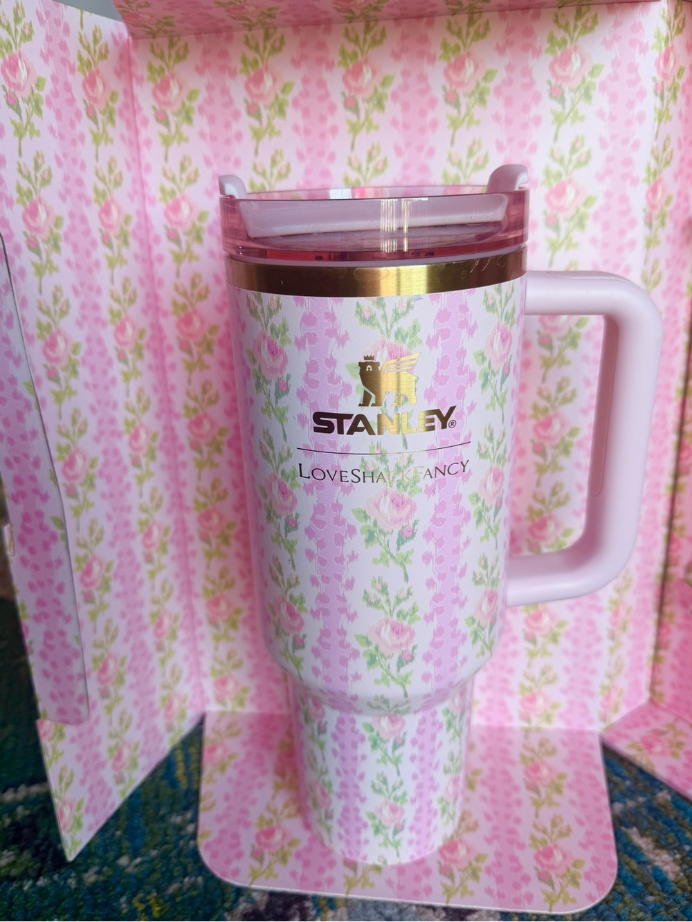 LoveShackFancy Pink Floral Travel Mug with Gold Accent
